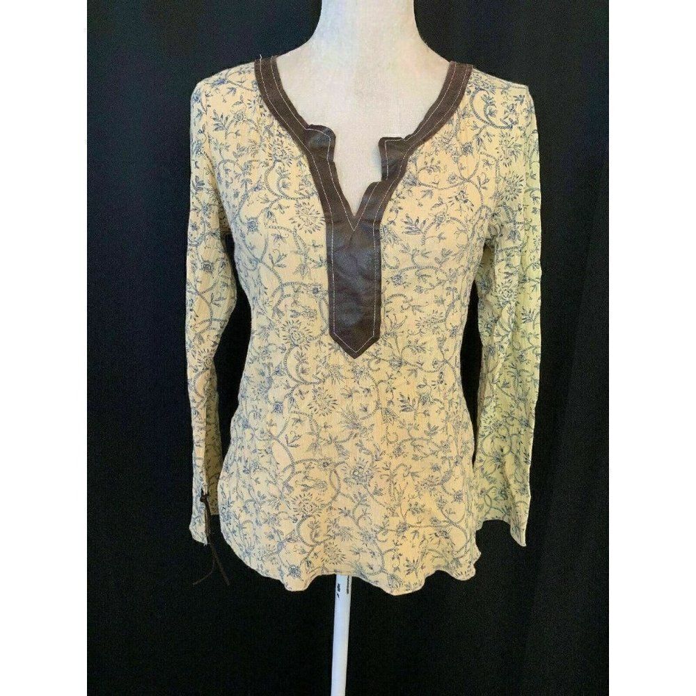 Ruth Anthropologie Womens Yellow Brown Leather Long Sleeve Leather Top Small